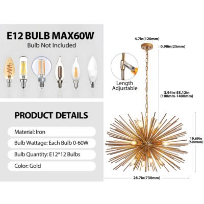 29 Mid-Century Modern 12-Light Starburst Chandelier   Gold Sputnik Pendant Light Fixture For Living Room, Dining Room, Or Foyer  Bulb Not Included