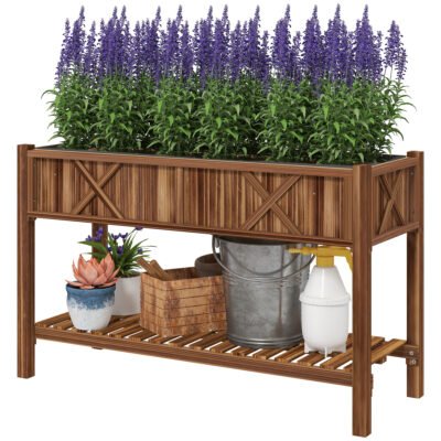 Raised Garden Bed, 47 X 22 X 31.5 In Elevated Wood Planter Box With Storage Shelf, Drainage Holes And Liner, Carbonized