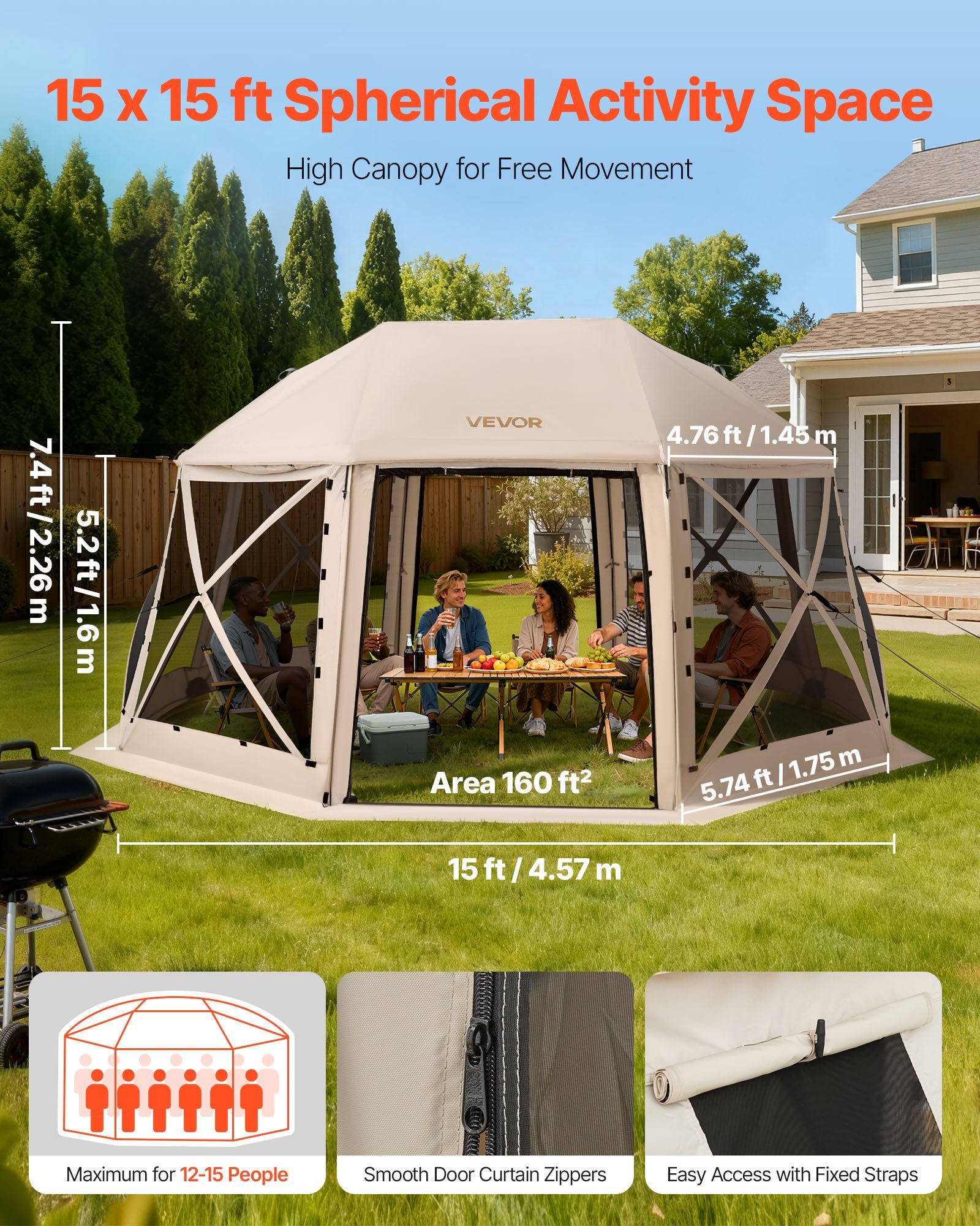 Pop Up Gazebo Screen Tent, 15 X 15 Ft, 13-Sided Spherical Camping Canopy Tent With Removable Top & Carry Bag, Quick-Set & Bite-Proof, Screen House Sun Shelter For 12-15 Persons, Beige