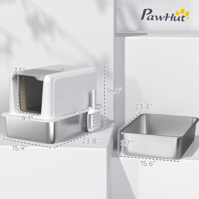 2 In 1 Stainless Steel Cat Litter Box With Removable Lid, Scoop, Filter Bags, For Small To Large Cats, White