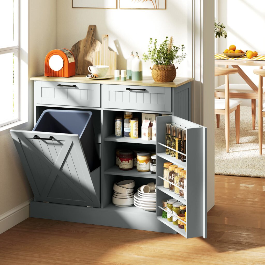 10 Gallon Farmhouse Kitchen Cabinet With Hidden Trash Can And 2 Drawers, Tilt Out Trash Can Cabinet For Kitchen, Gray —