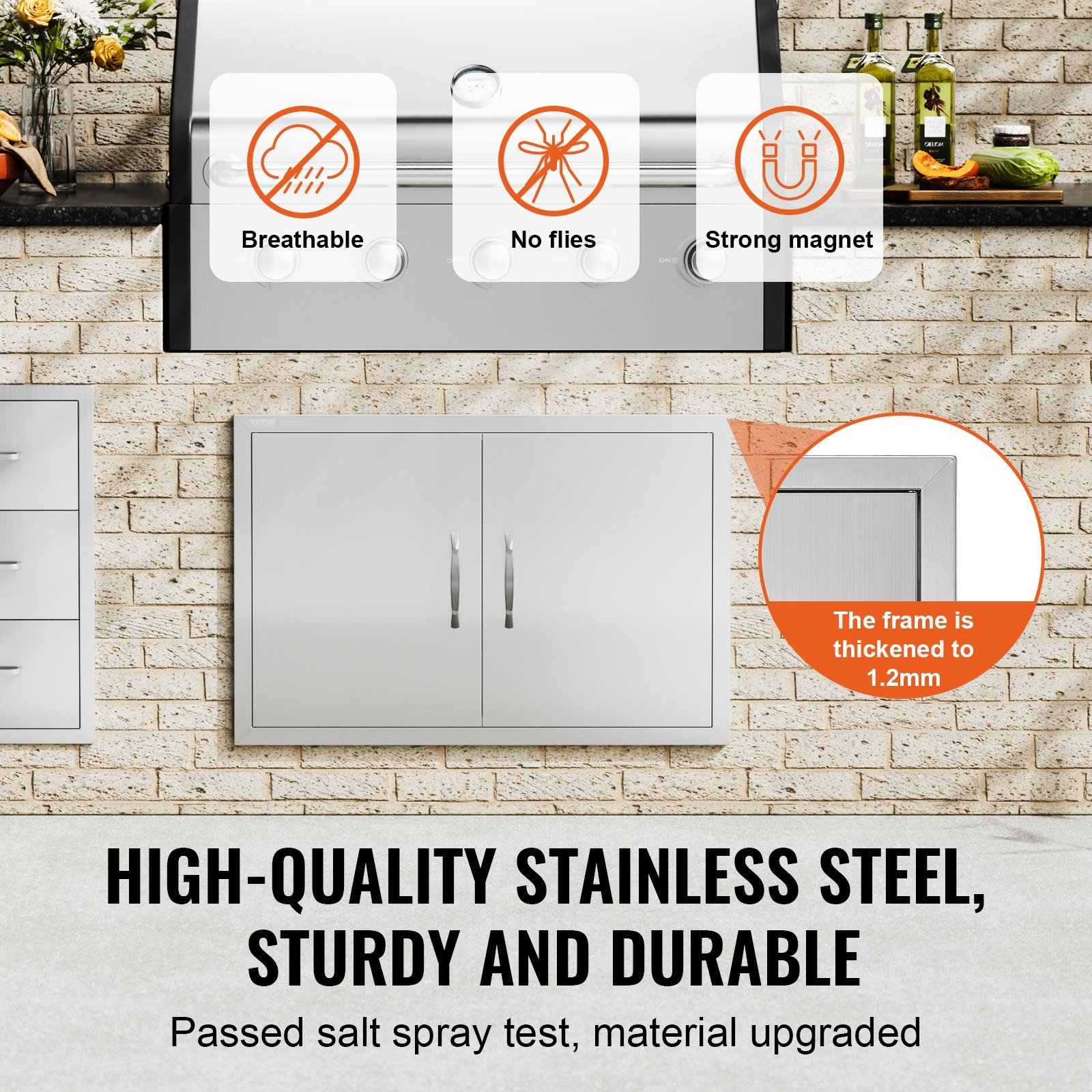 BBQ Access Door, 33W X 22H Inch Double Outdoor Kitchen Door, Stainless Steel Flush Mount Door, Wall Vertical Door With Handles, For BBQ Island, Grilling Station, Outside Cabinet - Image 3