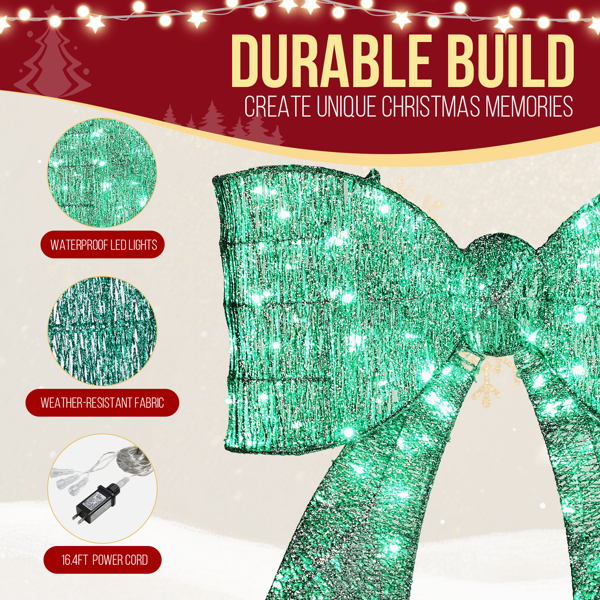 Pre-lit Outdoor Giant Bowknot Christmas Decoration, Lighted Metal Frame With 124 Green LED Lights, For Front Door Gate Wall Indoor Outdoor Holiday Party, Green - Image 10