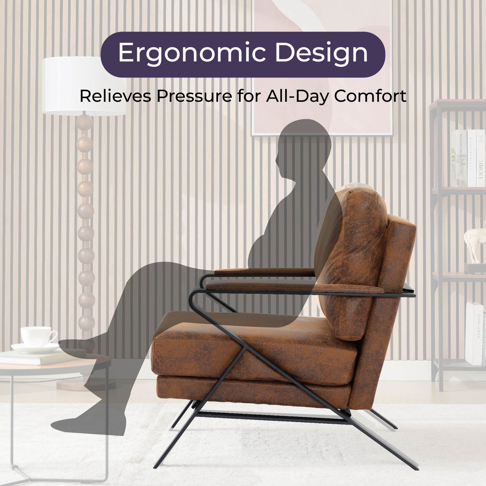 Mid-Century Modern Chair Upholstered Lounge Arm Chair With Iron Frame And Thicker Cushion For Living Room, Reading, Balcony,Brown - Image 3