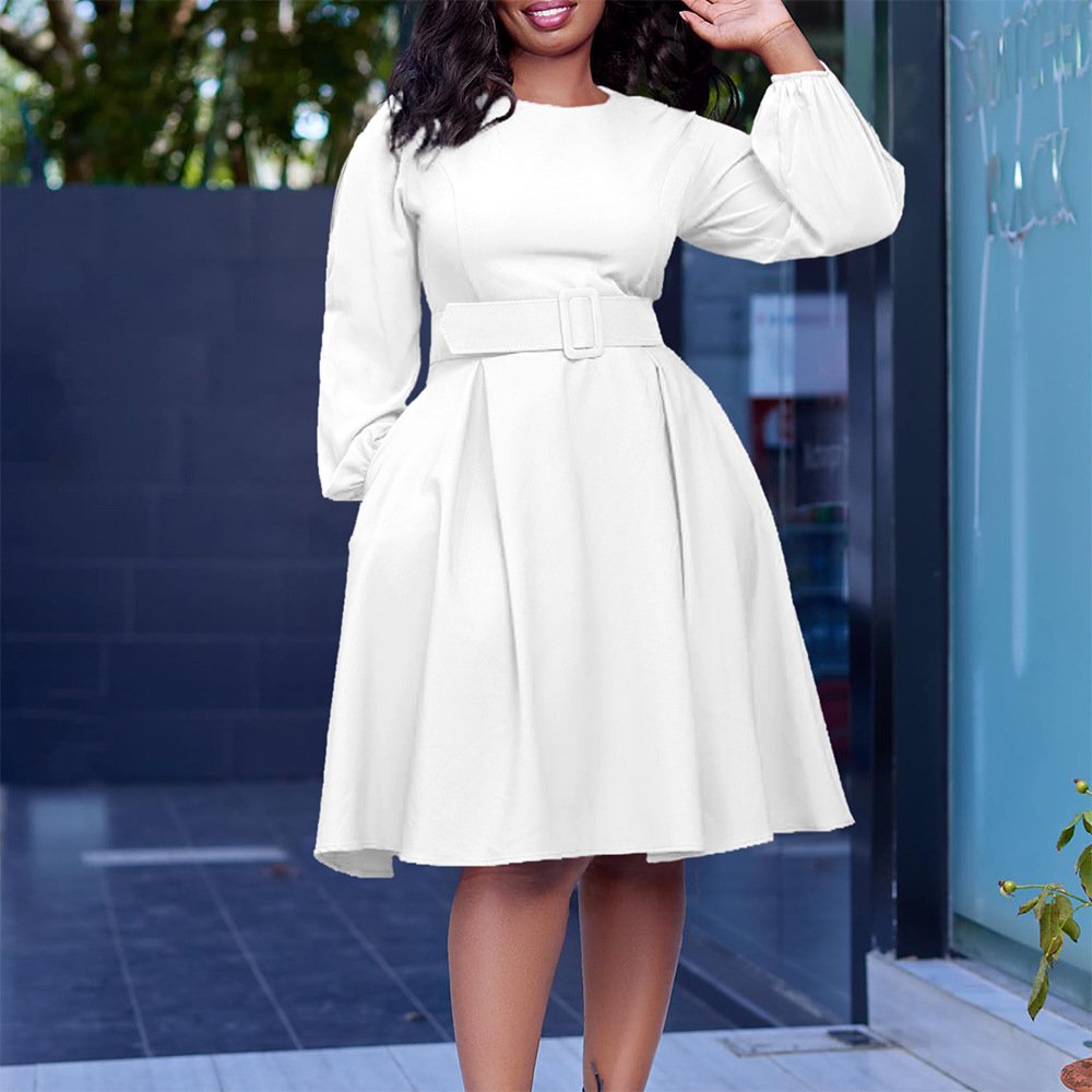 With Belt Long Sleeve Elegant Graceful Round Neck Large Swing Dress - Image 2