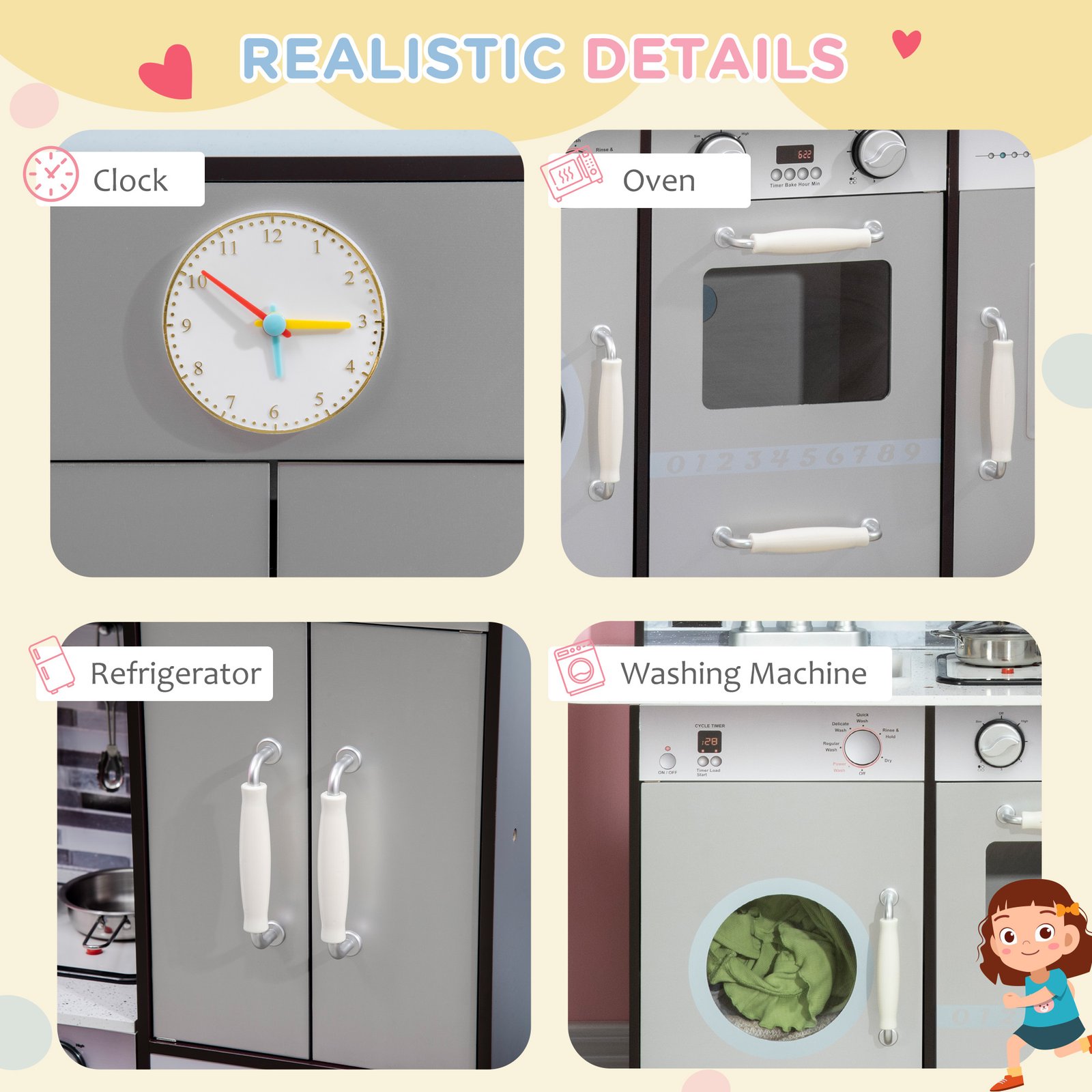 Wooden Play Kitchen With Lights Sounds, Kids Kitchen Playset With Washing Machine, Water Dispenser, Microwave, Range Hood, Refrigerator, Utensils, Gift For 3-6 Years Old