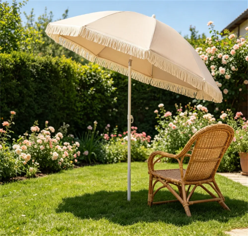 7 FT Boho Patio Umbrella With Fringe Tassel, 30' Adjustable Tilt Outdoor Sun Canopy, Portable 2-Section Metal Beach Umbrella - Image 6