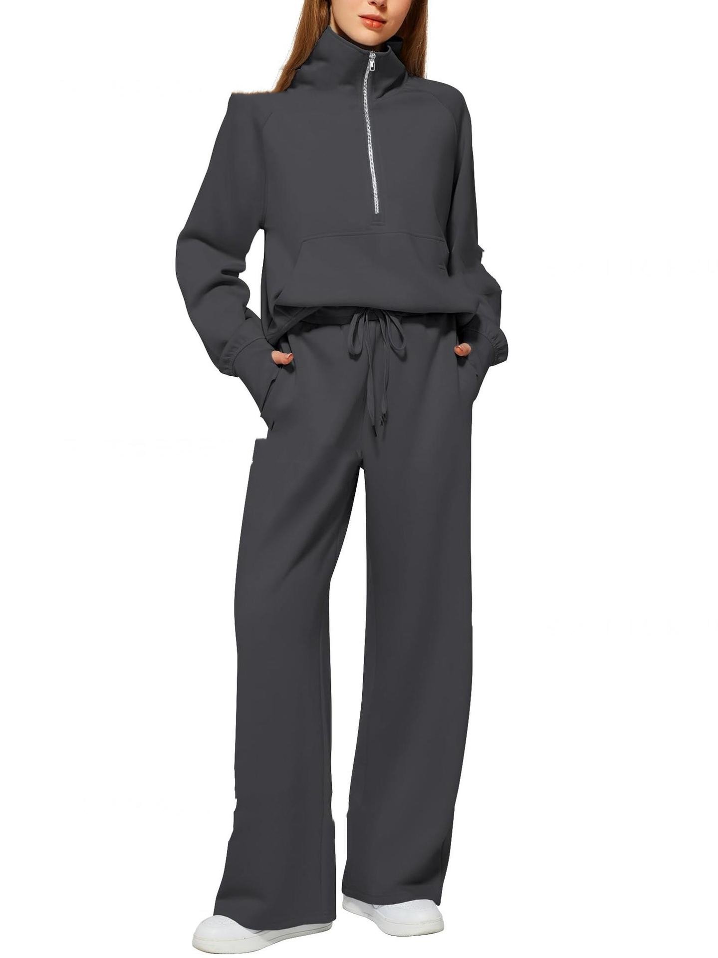 Woman Solid Color Half Zip Long Sleeve Sweatshirt And Wide Leg Pants Set Casual Sporty Two Piece Outfit Women's Suit - Image 5