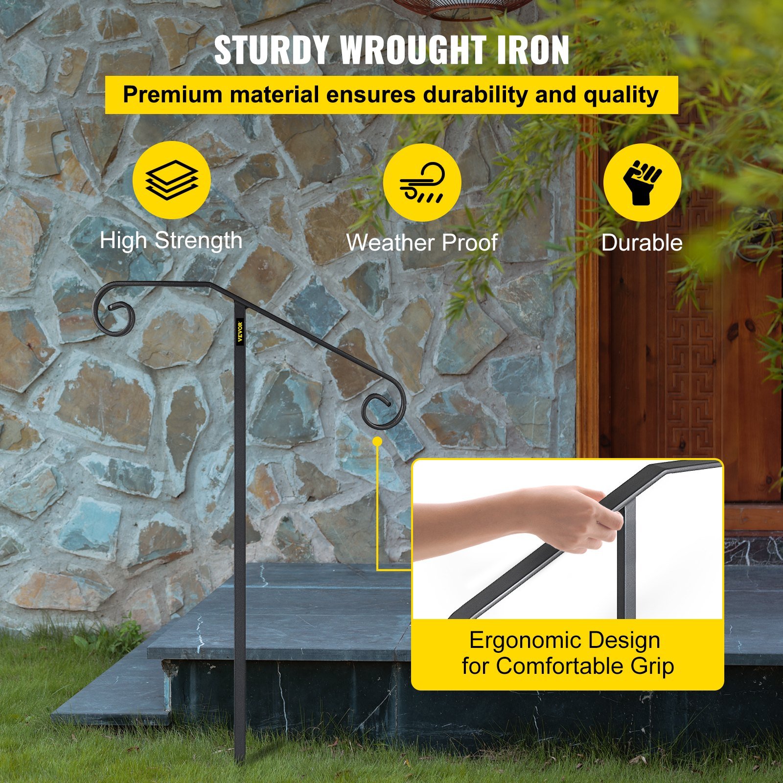 Single Post Handrail Wrought Iron Post Mount Step Grab Supports In Ground Long Post Fits 1 Or 2 Steps Grab Rail Single Post Railing (Gray) - Image 3