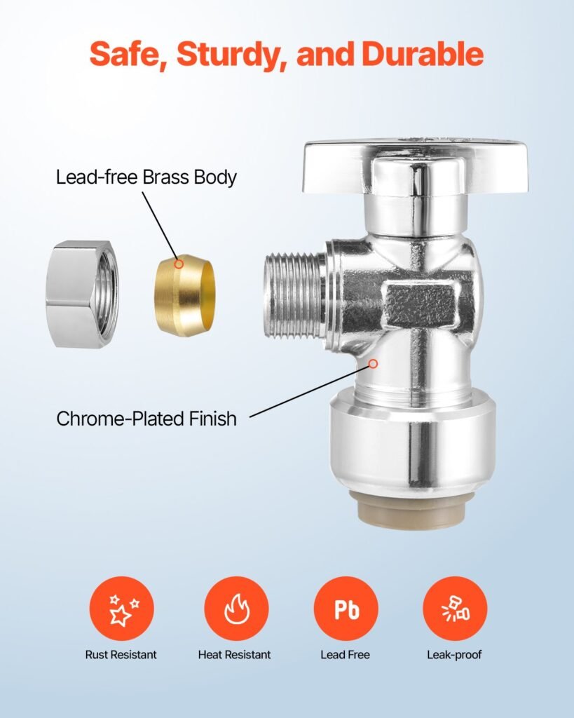 10 Pack Angle Stop Valve, Push-to-Connect Water Shut Off Valve 1/2" PTC X 3/8" OD Compression, 1/4 Turn Chrome Plated Brass Shutoff Valves For Copper, CPVC, PE-RT, PEX Pipe —