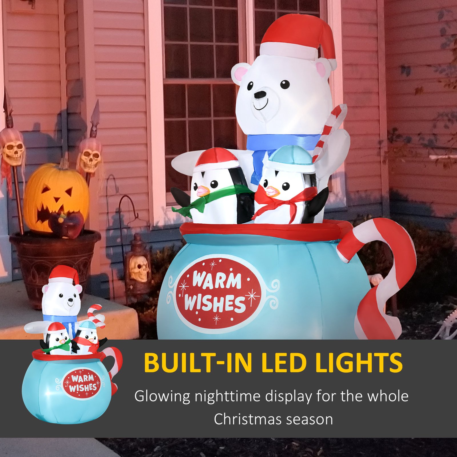5ft Christmas Inflatables Outdoor Decorations Blessed Polar Bear And Penguins In The Cup, Blow-Up LED Yard Christmas Decor For Garden, Lawn, Party, Holiday - Image 3