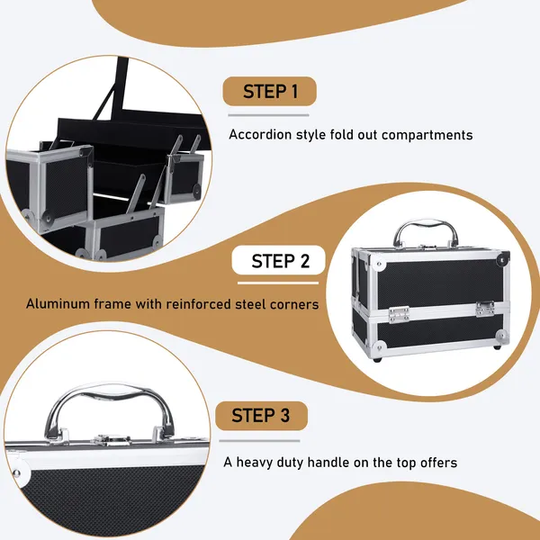 Portable Diamond Texture Aluminum Makeup Storage Bag With Mirror & Key Black - Image 4