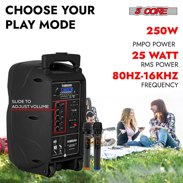 5 Core Party Speaker Bluetooth 250W Big Monster Powered Rechargeable Outdoor PA DJ System W Disco Lights 2 Wireless Karaoke Mics Portable Rolling Speakers W Handle Black - ACTIVE HOME 8 2-MIC - Image 2