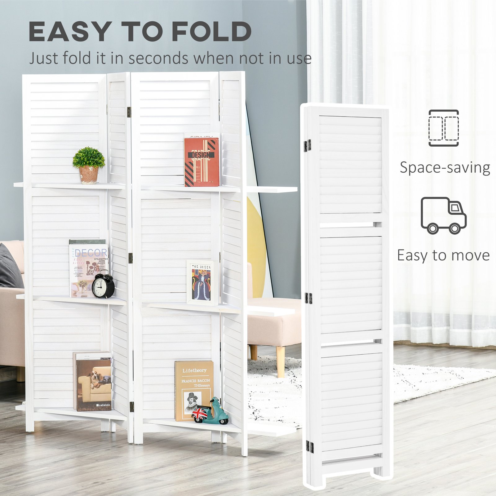 4 Panel 67" Tall Wood Privacy Screen Room Divider With 3 Shelves And Folding Storage For Bedroom, White - Image 4