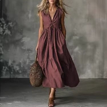 Solid-color Sleeveless V-neck Dress