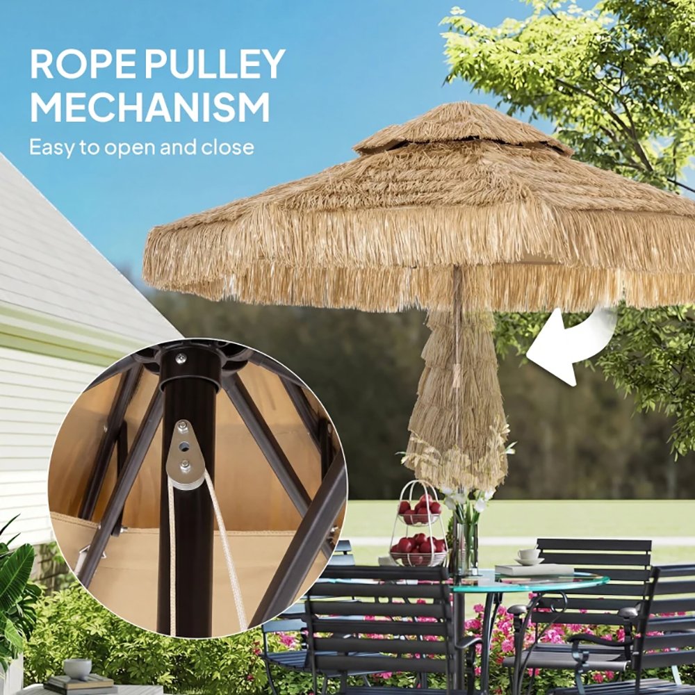 8.5 FT Hula Thatched Patio Umbrella, 2 Tier Tropical Hawaiian Style Outdoor Umbrella With 8 Ribs, Straw Tassel Design - Image 7
