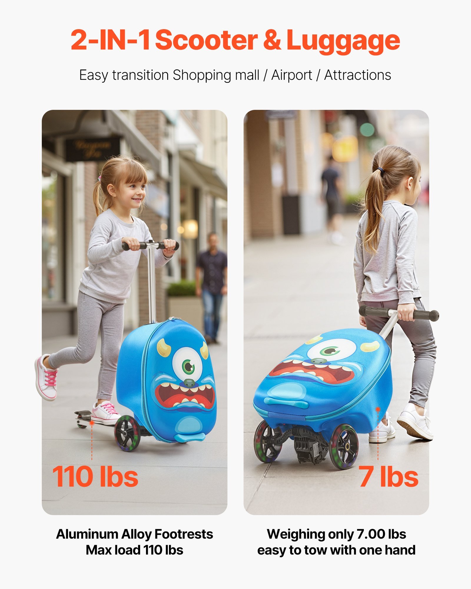 Ride-on Luggage 20-inch Kids Scooter Suitcase With Flash Wheels Blue - Image 3