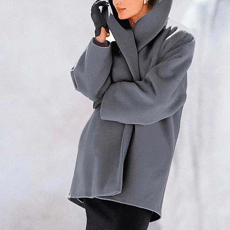 Plus Size Women's Solid Color Round Neck Button Coat - Oversized Hooded Wool-Like Long Coat For Fall&Winter - Image 2