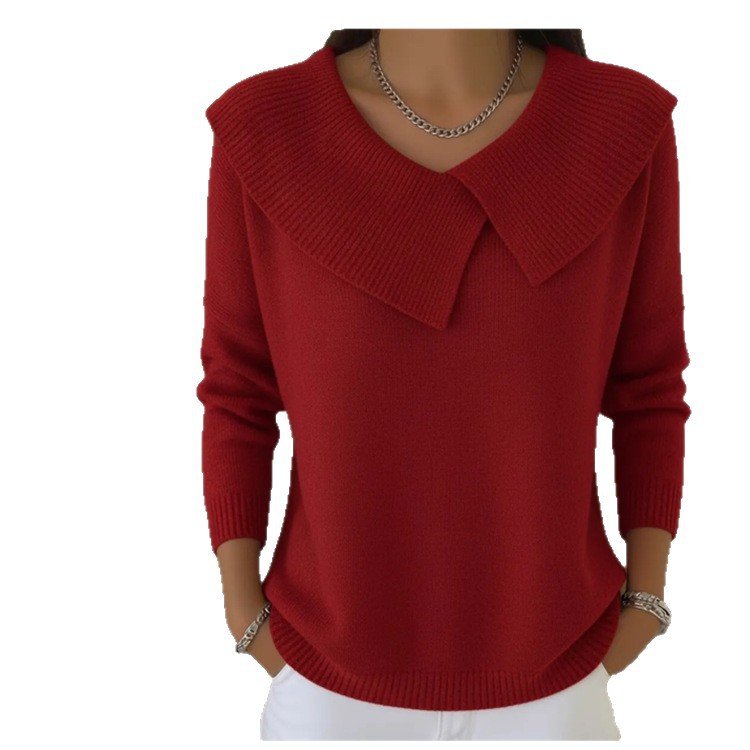 Women's Solid Color Casual V-neck Long Sleeved Sweater - Image 2