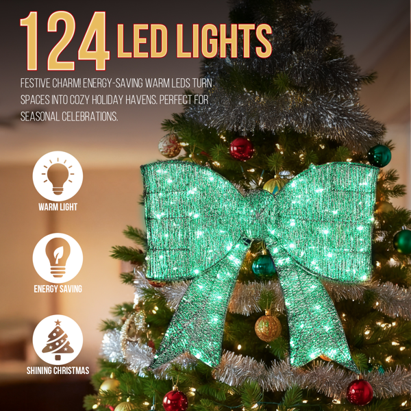 Pre-lit Outdoor Giant Bowknot Christmas Decoration, Lighted Metal Frame With 124 Green LED Lights, For Front Door Gate Wall Indoor Outdoor Holiday Party, Green