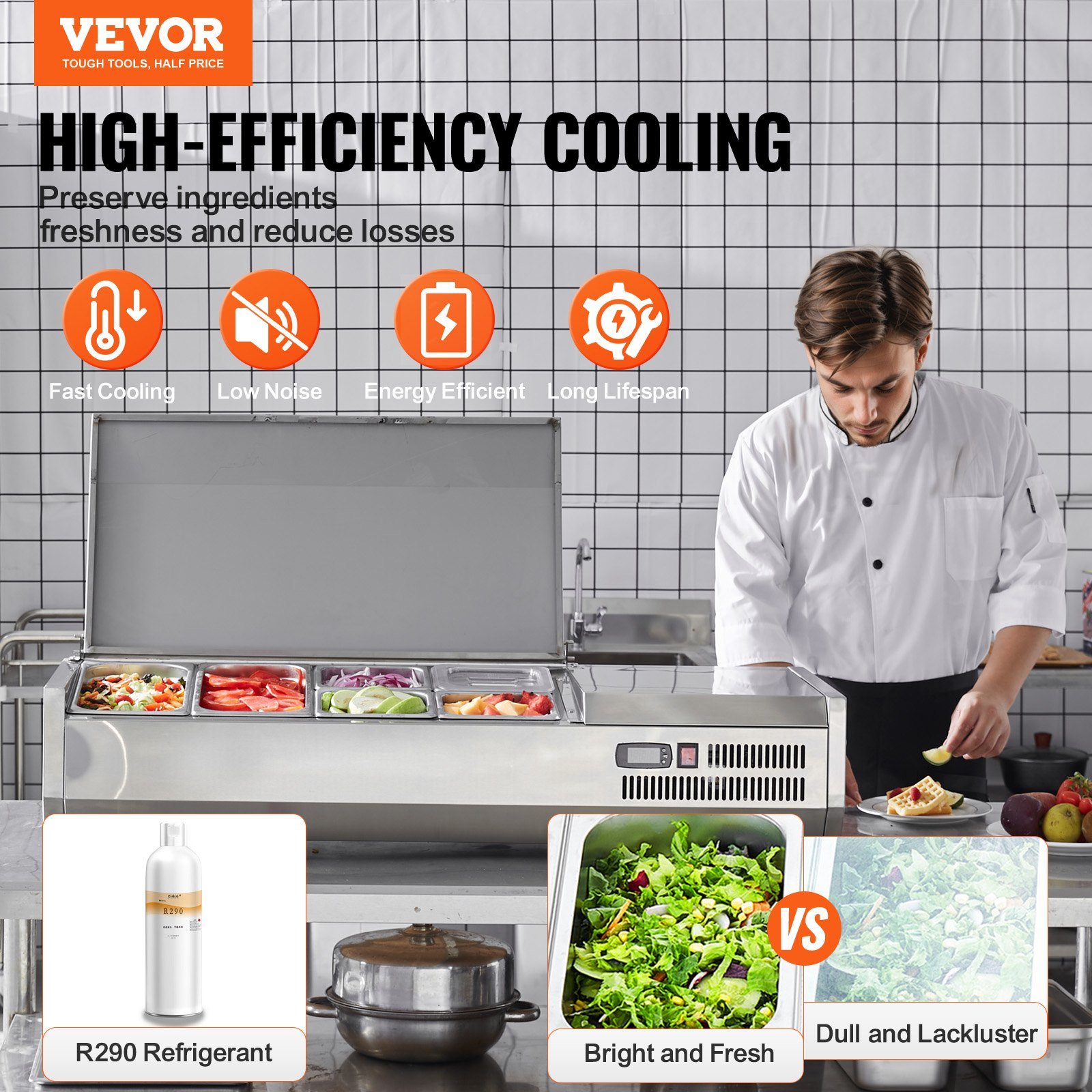 Refrigerated Condiment Prep Station, 135 W Countertop Refrigerated Condiment Station, With 2 1/3 Pans & 4 1/6 Pans, 304 Stainless Body And PC Lid, Sandwich Prep Table With Stainless Guard, ETL