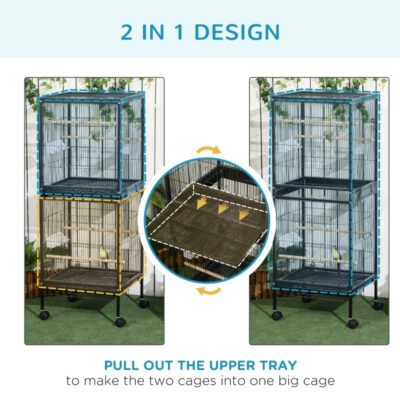 2 In 1 Bird Cage Aviary Parakeet House For Finches, Budgies With Wheels, Black