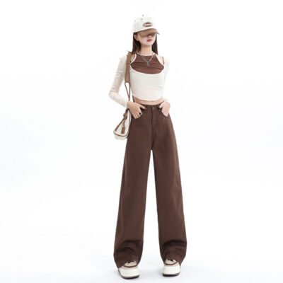 Retro Brown High Waist Straight Pants Women's Wide Leg Mop Pants