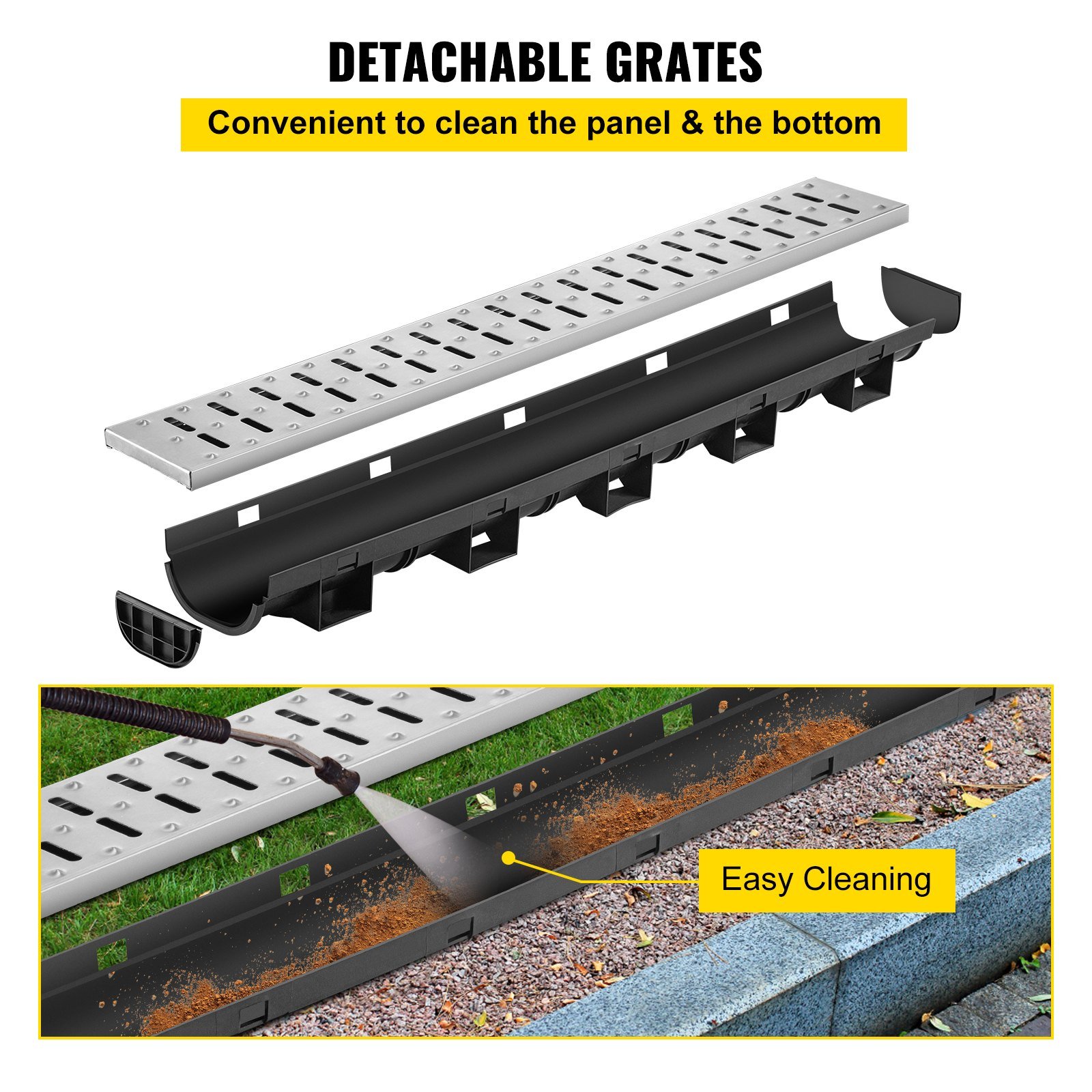 Trench Drain System, Channel Drain With Metal Grate, 5.7x3.1-Inch HDPE Drainage Trench, Black Plastic Garage Floor Drain, 5x39 Trench Drain Grate, With 5 End Caps, For Garden, Driveway-5 Pack