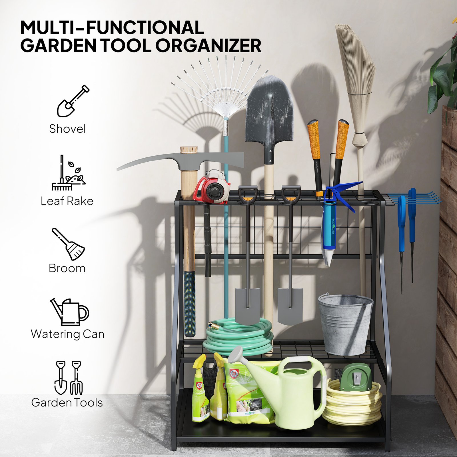 3-Tier Yard Tool Storage Rack, Garden Tool Organizer With Hooks For Long-Handled, Broom, Shovel, Blue - Image 2