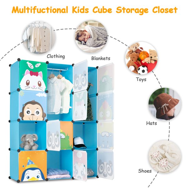 4-layer 12-compartment 2-hanging-bar Modular Wardrobe With Plastic And Steel Wire Materials Featuring Animal Patterns. The Door Has A Floral Design And The Cabinet Body Is Blue. - Image 3