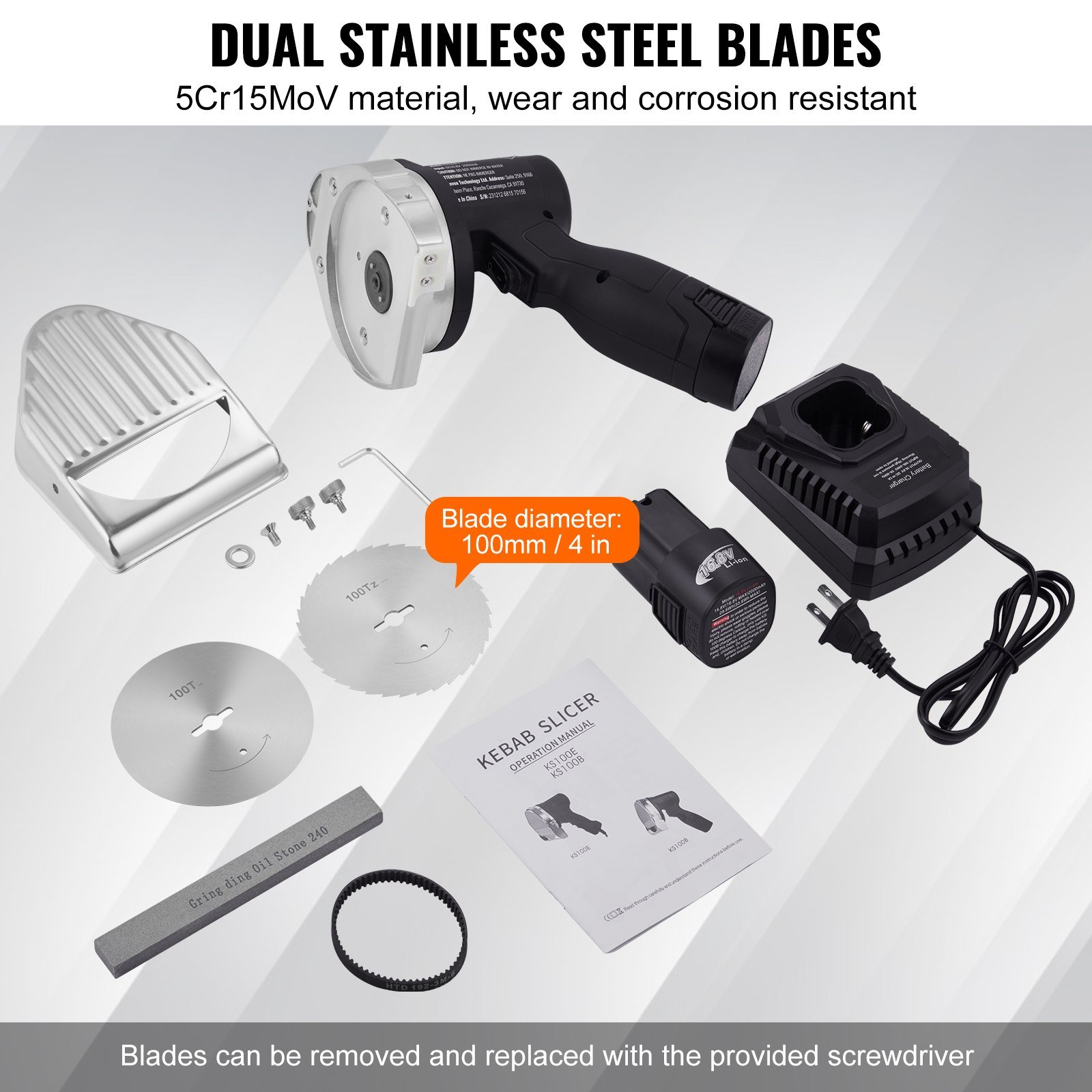 Electric Shawarma Knife, 80W Cordless Battery Professional Turkish Knife, Commercial Stainless Steel Gyro Cutter, Doner Kebab Meat Slicer With 2 Blades, Φ4'/100mm, 0-8mm Adjustable Thickness - Image 2