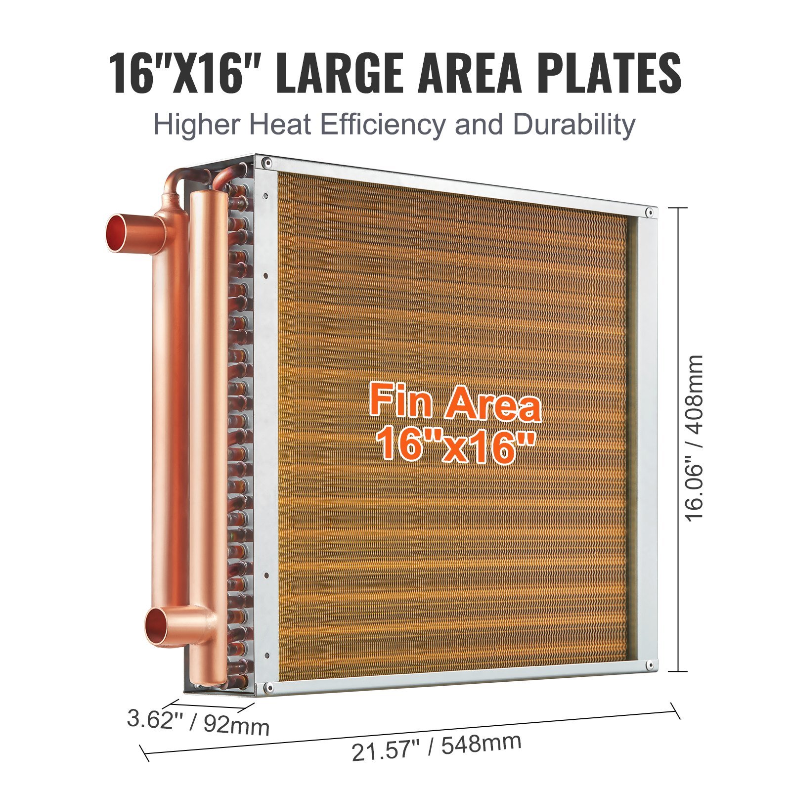 Heat Exchanger Water To Air, 16"x 16" With 3-Row 3/8" Copper Ports, 193 Aluminum Fins Heat Exchanger For Outdoor Wood Furnaces, Residential Heating And Cooling, And Forced Air Heating - Image 4