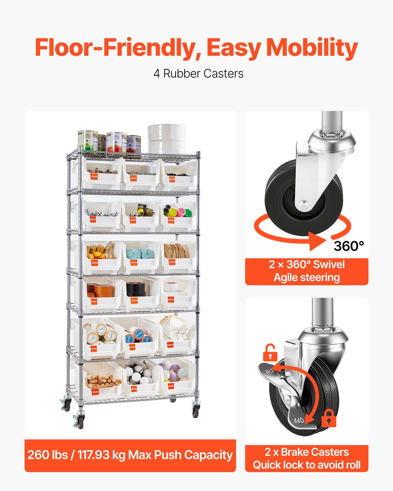 7-Tier Rolling Bin Storage Rack, 18 Organizer Bins, Bin Rack Storage Steel Wire Shelving System With Wheels, Mobile Tool Organizer For Garage, Warehouse, Office, Restaurant, Classroom, Kitchen - Image 4