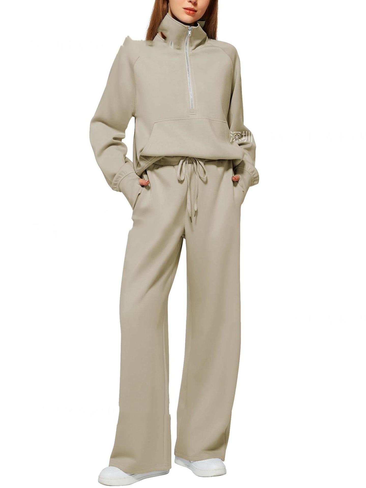 Woman Solid Color Half Zip Long Sleeve Sweatshirt And Wide Leg Pants Set Casual Sporty Two Piece Outfit Women's Suit - Image 4
