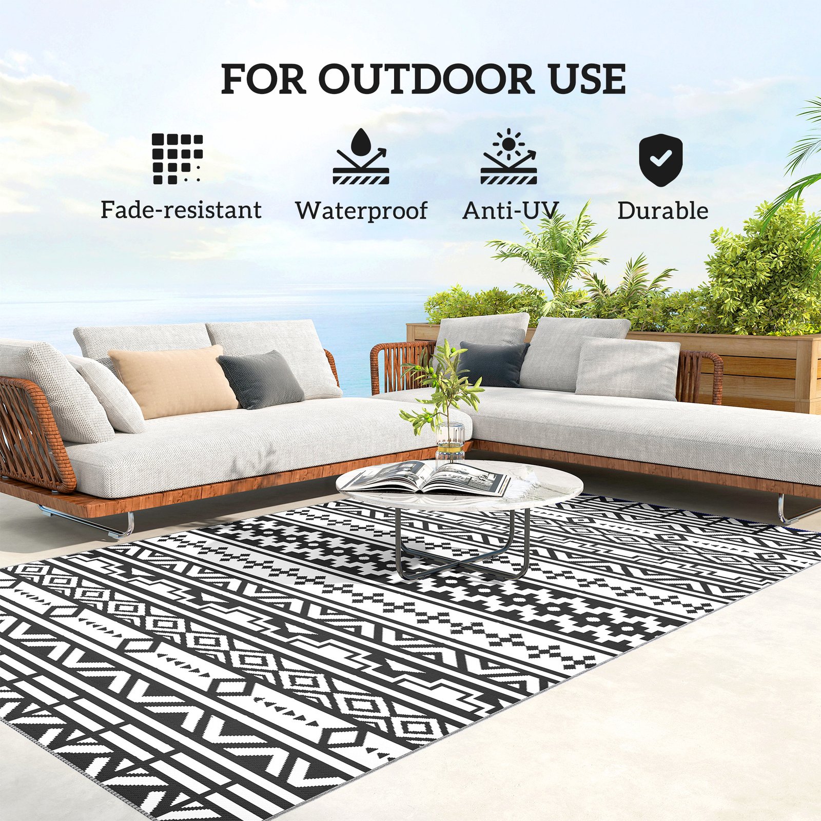 Reversible Outdoor Rug, Waterproof Plastic Straw With Carry Bag, 6 X 9, Black & White Geometric Wall - Image 4