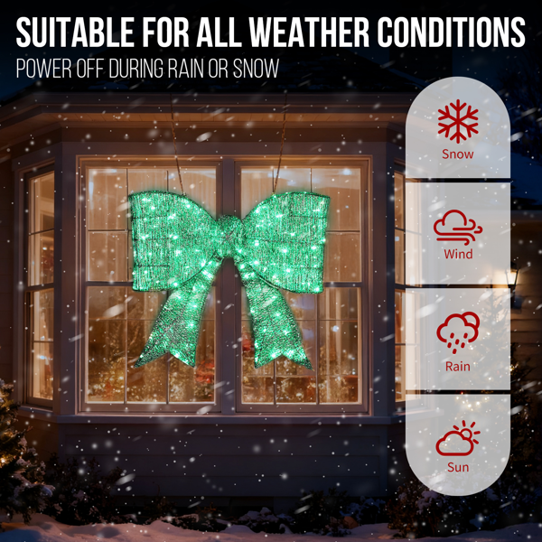 Pre-lit Outdoor Giant Bowknot Christmas Decoration, Lighted Metal Frame With 124 Green LED Lights, For Front Door Gate Wall Indoor Outdoor Holiday Party, Green - Image 5