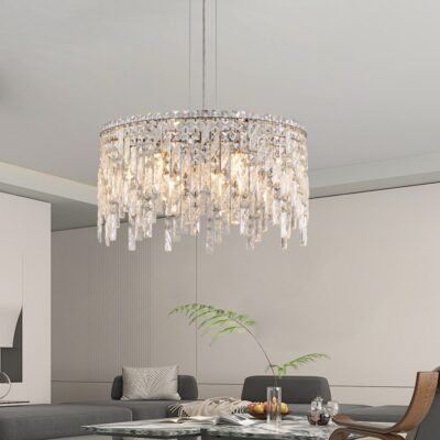 24 Luxurious Round Silver Crystal Chandelier, Contemporary Rectangular Pendant Light For Dining Room, Living Room, And Grand Foyers  Bulbs Not Included