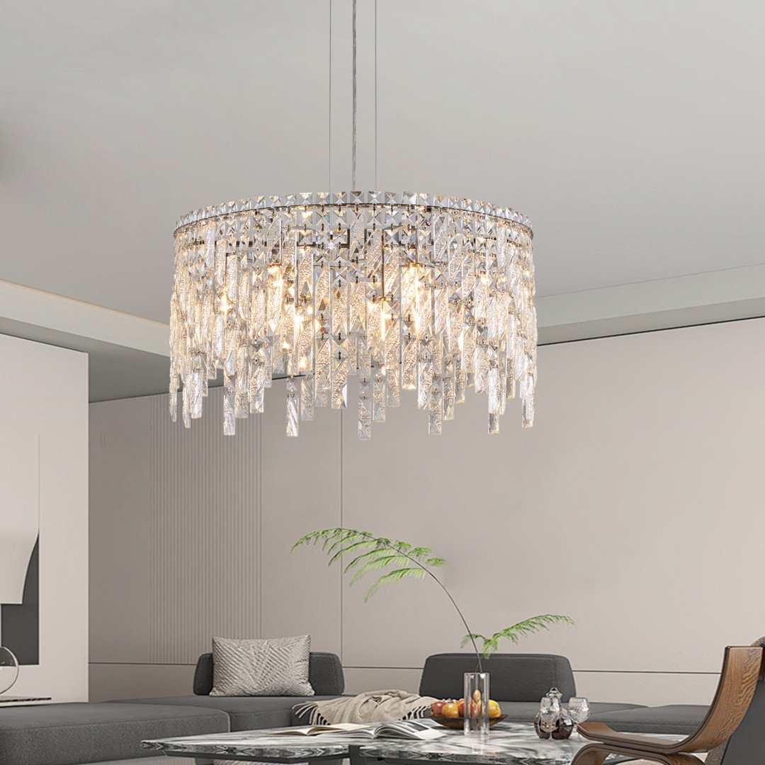 24 Luxurious Round Silver Crystal Chandelier, Contemporary Rectangular Pendant Light For Dining Room, Living Room, And Grand Foyers Bulbs Not Included