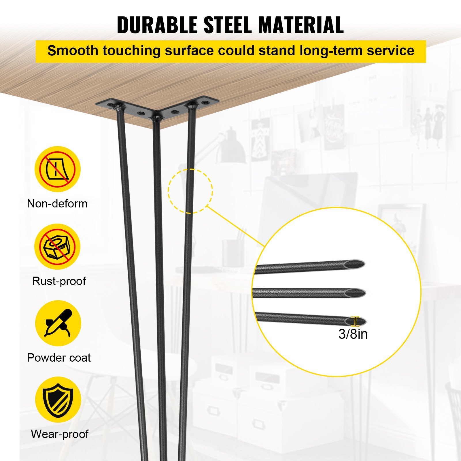 Hairpin Table Legs 36" Black Set Of 4 Desk Legs 880lbs Load Capacity Hairpin Desk Legs 3 Rods For Bench Desk Dining End Table Chairs Carbon Steel DIY Heavy Duty Furniture Legs - Image 3