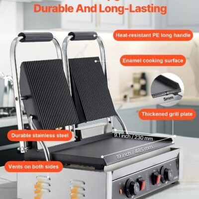 Commercial Panini Press Grill Electric Sandwich Maker Griddle Plate 19x9in