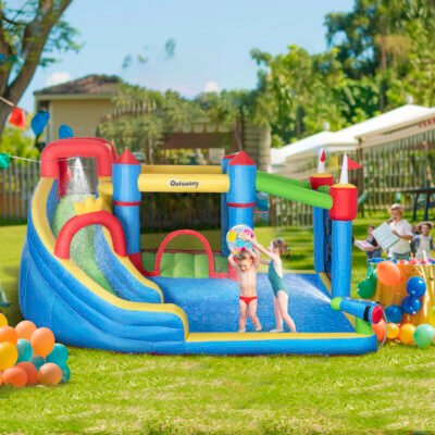 6-in-1 Inflatable Bounce House With Slide, Climbing Wall, Water Cannon, And More, Inflatable Water Slide For Kids With 2 Min. Inflation