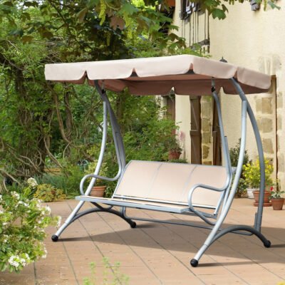 3-Seat Outdoor Porch Swing Chair, Patio Swing Glider With Adjustable Canopy, Breathable Seat, And Steel Frame For Garden, Poolside, Backyard, Beige