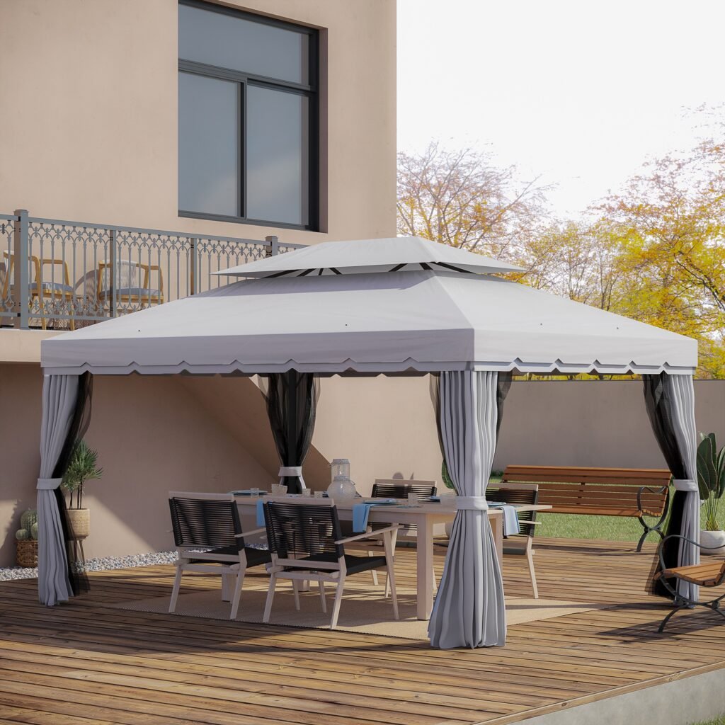 10' x 13' Patio Gazebo, Aluminum Frame Double Roof Outdoor Gazebo Canopy Shelter With Netting & Curtains, Light Gray —