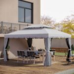 10' x 13' Patio Gazebo, Aluminum Frame Double Roof Outdoor Gazebo Canopy Shelter With Netting & Curtains, Light Gray