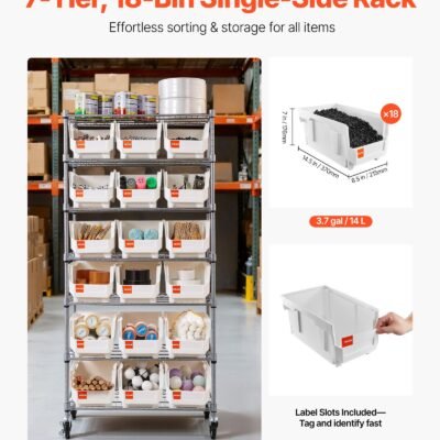 7-Tier Rolling Bin Storage Rack, 18 Organizer Bins, Bin Rack Storage Steel Wire Shelving System With Wheels, Mobile Tool Organizer For Garage, Warehouse, Office, Restaurant, Classroom, Kitchen
