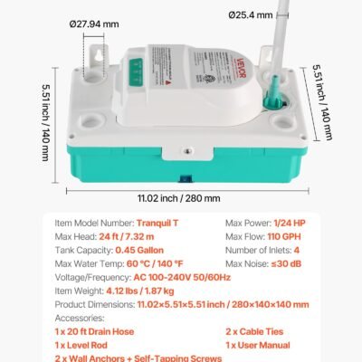 Condensate Pump, 1/24 HP, 110 GPH, 24 Ft Lift, 100-240V Automatic AC Condensation Removal Pump With Safety Switch & 20 Ft Tubing, For Air Conditioner, Dehumidifier, HVAC, Furnace, Ice Maker