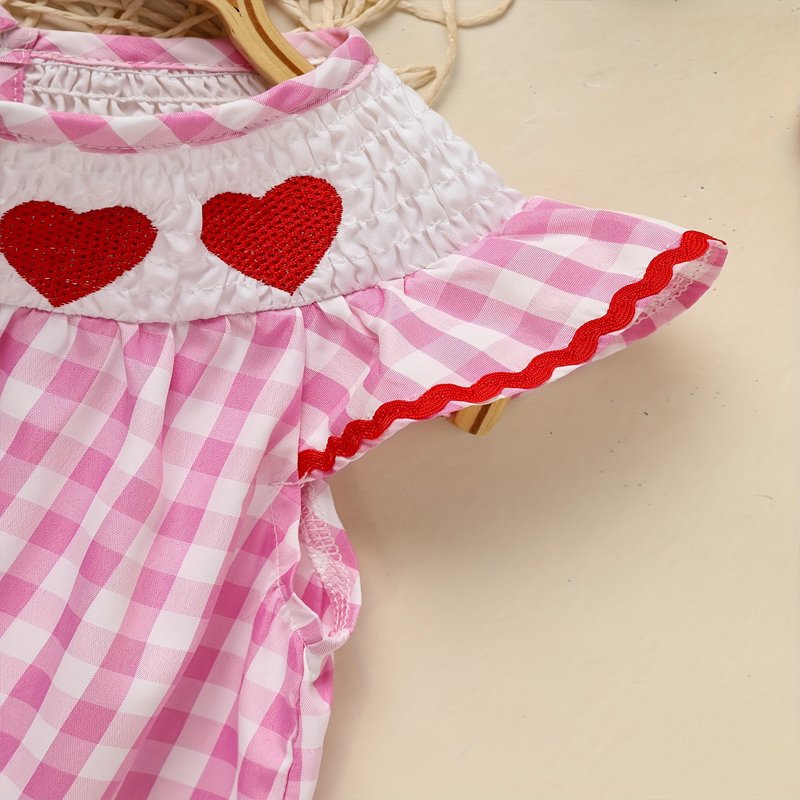 Toddler Girl's Short Sleeve Checkered Dress, Heart Embroidery & Ruffle Detail With Back Button Closure - Image 3