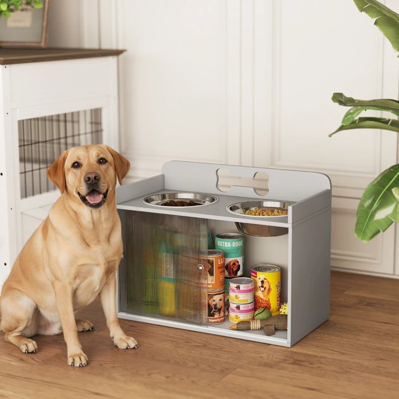Elevated Dog Bowls With Storage, Raised Dog Bowl Stand With 2 Stainless Steel Bowl For Large Dogs, Gray - Image 5