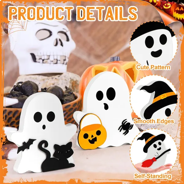 Ute Ghost Halloween Decorations Indoor, Wooden Tiered Tray Decor Table Sign Set Of 3, Black Cat Bat Witch Broom Signs Pumpkin Blocks For Party Home Shelf Display - Image 3