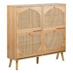 2 Rows Of 4 Dump Buckets With High Feet Arched Rattan Surface Shoe Cabinet Density Board With Triamine 105x24x98cm Original Wood Color